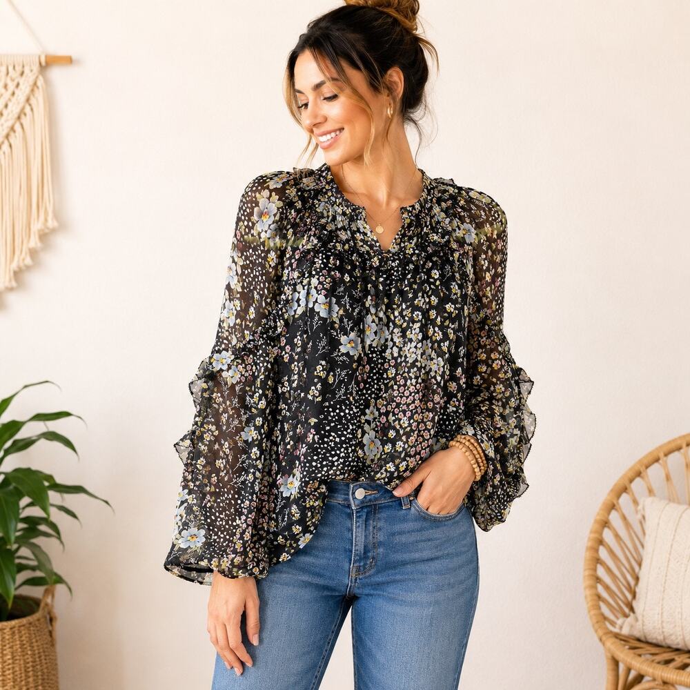 LOFT Black Floral Sheer Ruffle Sleeve Mock Neck Blouse Sz M